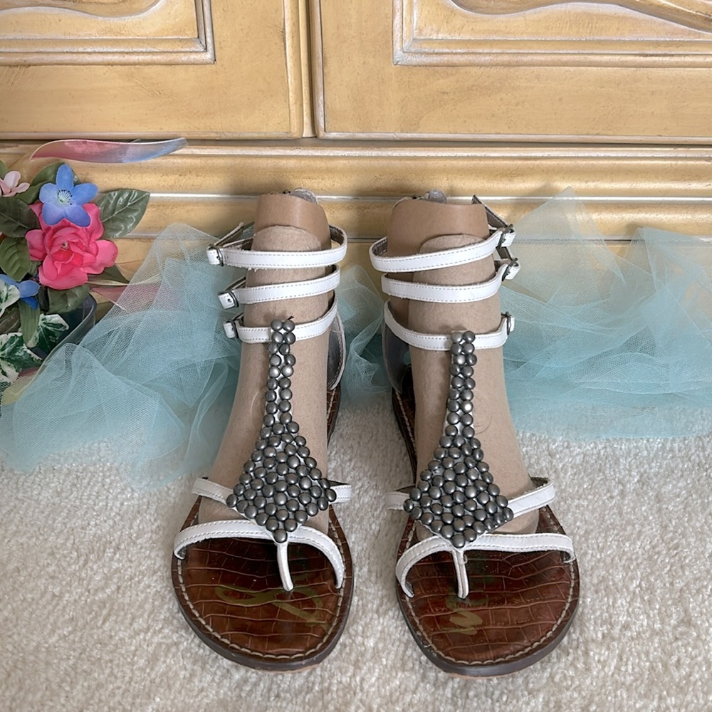 Sam Edelman White Beaded T-Strap Sandals